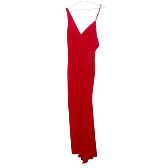 Ieena for Mac Duggal Red Asymmetrical Pearl Strap V-Neck Dress Gown Womens 8 NWT - Picture 2 of 16